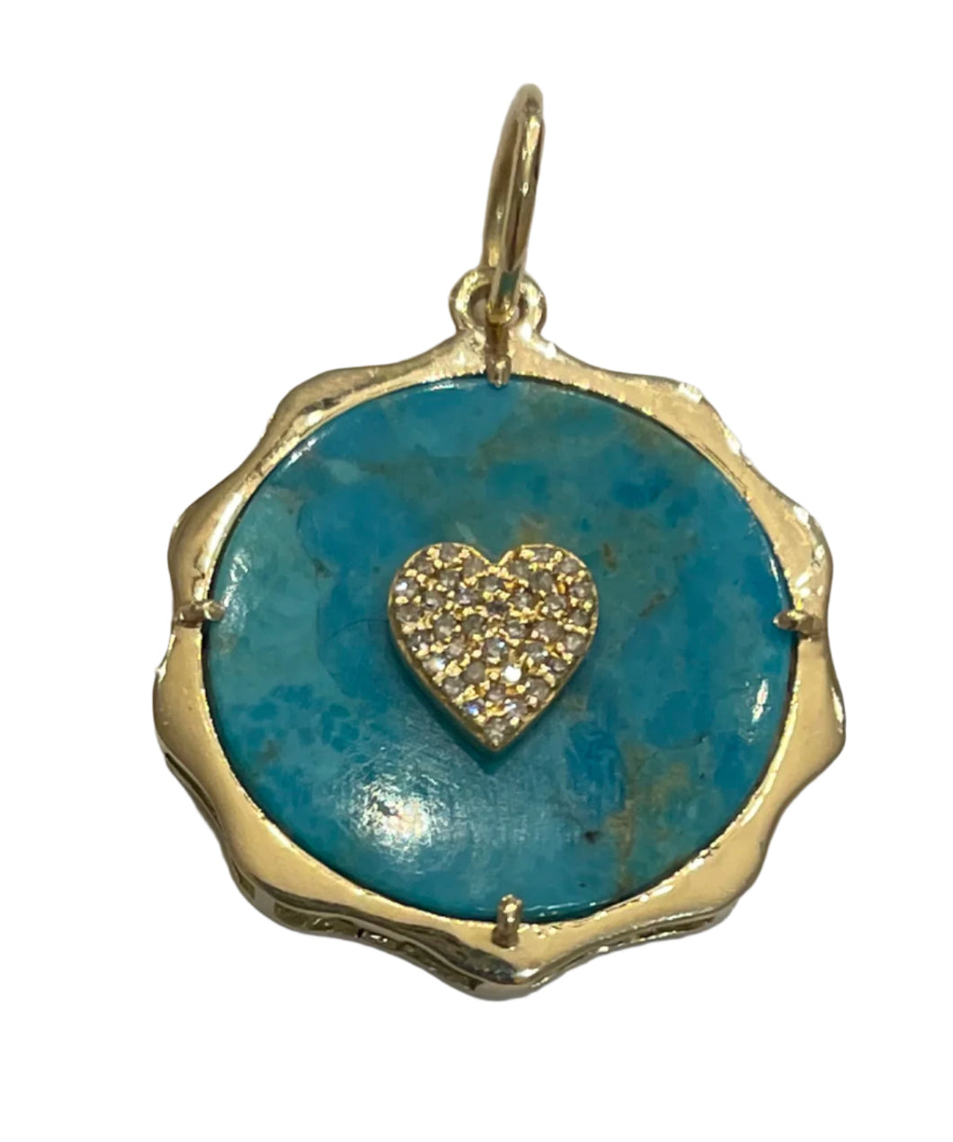 14K Turquoise Round Pendant With Diamond Center Heart