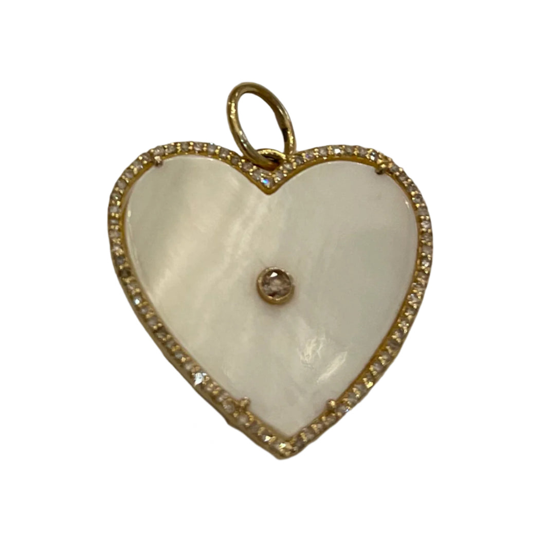 14K Mother of Pearl Large Heart Pendant Surrounded by Diamonds
